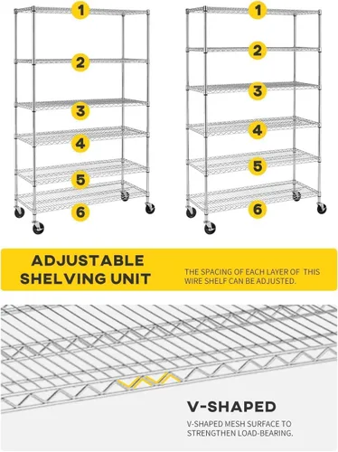 Miniatura 6 de Estantes de almacenamiento de 6 niveles, estantes de alambre con ruedas, estantes de metal resistentes, estantes de acero altos, estantes ajustables