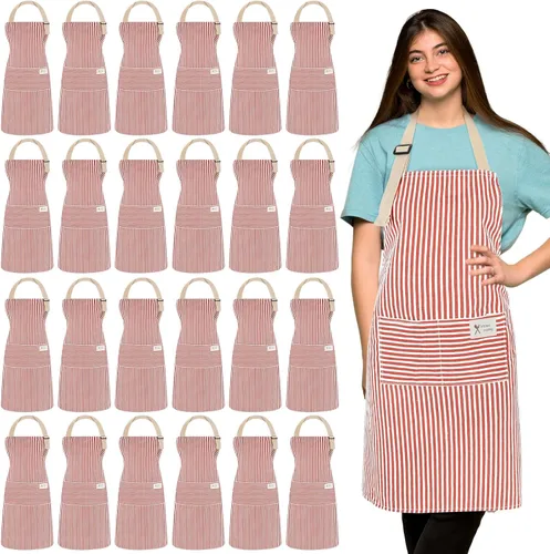 Miniatura 17 de Janmercy 24 delantales para mujeres y hombres con 2 bolsillos, delantal de cocina de lino, delantal ajustable para chef, delantales a granel unisex