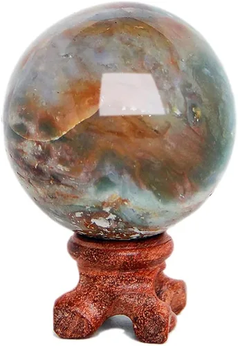 Esfera de cuarzo de cristal con soporte de madera, cristal natural curativo, piedra mineral del amor, esfera de adivinación (jaspe océano, 1.969 in)