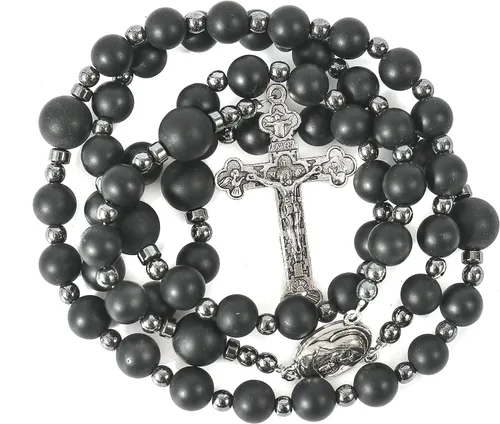 Miniatura 6 de Nazareth Store Rosario de cuentas de ágata negra, rosario de hombres católicos con cuentas naturales mate con piedras de hematita, medalla de suelo