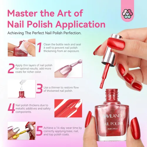 Miniatura 4 de SAVILAND Esmalte de uñas metálico con base y capa superior: Juego de esmalte de uñas cromado de 12+2 colores, con brillo espejo, holográfico, Cromo