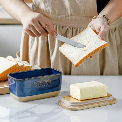 Miniatura 3 de HVH Mantequillera de cerámica con tapa para encimera, hermético con tapa de madera, platos de mantequilla con tapas, recipiente de mantequilla