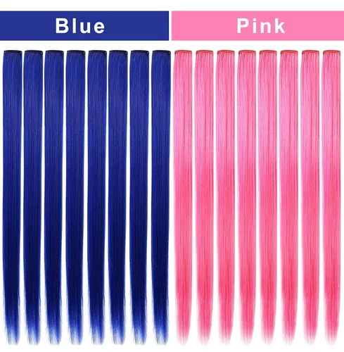 Miniatura 3 de 16 extensiones de cabello de color azul y rosa, lacio, sintético, con reflejos, para fiestas, fiestas, 21 pulgadas, extensiones coloridas