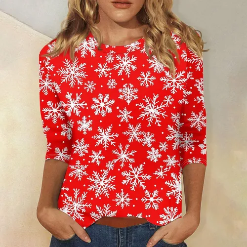 Miniatura 24 de Camisetas de manga 3/4 para mujer, cuello redondo, holgadas, casuales, con estampado floral, camisetas de moda para el trabajo de negocios