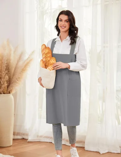 Miniatura 6 de Schine Pinafore de algodón con espalda cruzada para mujer, con bolsillos grandes, prácticos delantales para trabajos de jardinería, cocina, Gris