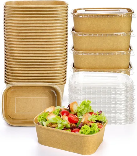 Yesland Paquete de 50 cuencos rectangulares de papel kraft compostables, 25 onzas, aptos para microondas y congelador, reutilizables, perfectos para