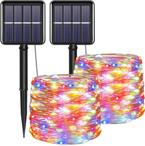 Miniatura 9 de Tira de luces solares azules de Navidad al aire libre impermeables, 2 paquetes, total 200 LED, 20.1 m, 8 modos, luces de hadas de cobre