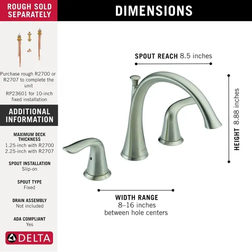 Miniatura 3 de Grifo Delta Faucet Lahara de 2 Manijas Widespread para Bañera Romana - Níquel Cepillado - Acero Inoxidable T2738-SS
