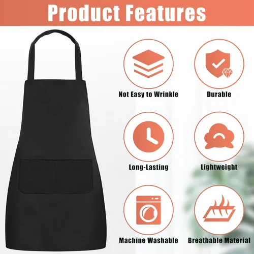 Miniatura 6 de Paquete de 12 delantales con peto, delantales negros a granel, delantales unisex lisos con 2 bolsillos, delantal negro lavable a máquina