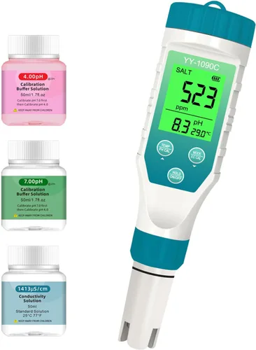 Medidor de pH para hidropónica y probador de sal para spa – Medidor 5 en 1 de pH, salinidad, TDS, EC y temperatura con calibración de 12.88 mS/cm –