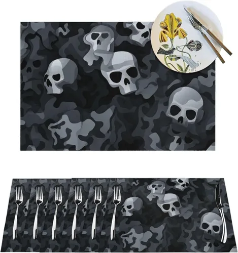 6 PCS PVC Placemats Set Place Mats Black and Gray Camouflage Pattern Non-Slip Weave Place Mats 12" x 18" Farmhouse Table Mat Set for Family Dinners
