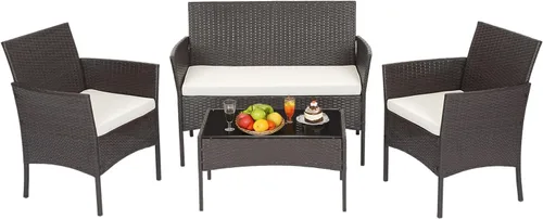 Miniatura 17 de FDW Juego de muebles de patio de 3 piezas Negro Muebles de mimbre para exteriores con mesa de café Juego de sillas de ratán moderno