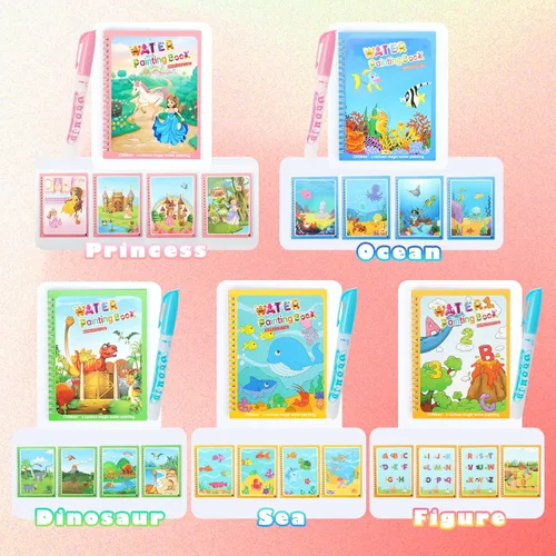 Miniatura 9 de Paquete de 5 libros de colorear de agua reutilizables para niños pequeños, juguetes de libros de garabatos de agua, pintura con libros de agua