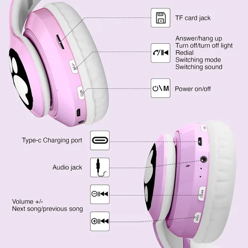 Miniatura 5 de Auriculares Bluetooth con cancelación de ruido para niños, auriculares plegables con forma de orejas de gato y luz LED, auriculares con orejas