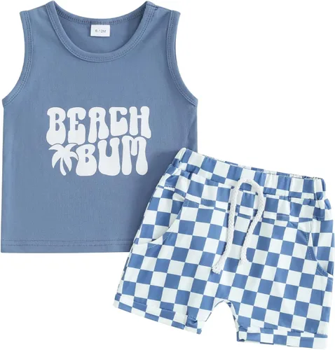 Miniatura 19 de Ropa de bebé niño sin mangas + pantalones cortos con estampado a rayas con bolsillos, 2 piezas de trajes de verano