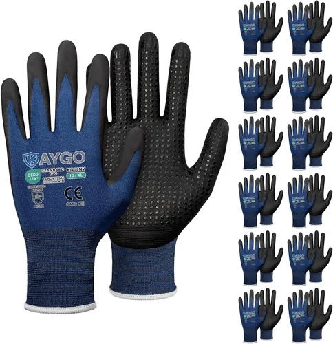 Miniatura 20 de KAYGO MicroFoam - Guantes de trabajo con revestimiento de nitrilo, 12 pares KG19N de nailon de punto sin costuras, micropuntos para un mejor agarre