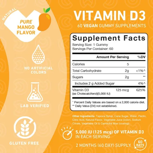 Miniatura 2 de PUREFINITY Gomitas de vitamina D3 de 5000 iu, tu suplemento diario de vitamina D para la salud ósea, la salud inmunológica y el apoyo muscular