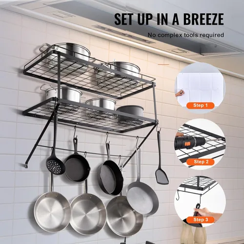 Miniatura 6 de VEVOR Estante para ollas montado en la pared, estante para colgar ollas y sartenes de 30 pulgadas, colgador de ollas y sartenes con 12 ganchos en S