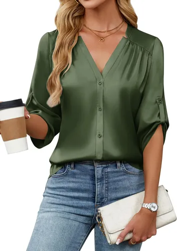 Miniatura 13 de Blooming Jelly Camisas con botones para mujer de manga 3/4, tops casuales elegantes, blusas de negocios de satén de seda plisado 2025