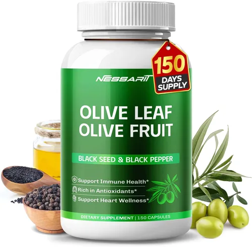 Cápsulas de hoja de olivo y fruta de olivo con semillas negras y pimienta negra, apoyo diario para el bienestar, 150 unidades