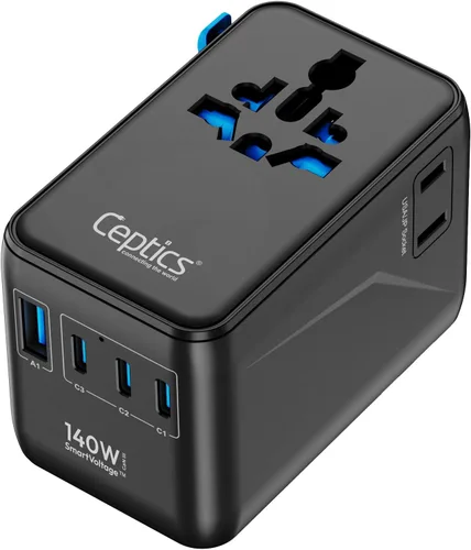 Miniatura 14 de Ceptics Adaptador de viaje universal 8 en 1 para la UE, Reino Unido, EE. UU., AU y más, adaptador de viaje mundial, 2X enchufe de EE. UU., enchufe