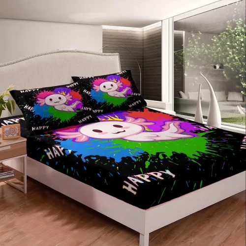 Miniatura 3 de Homewish Axolotl - Sábana bajera ajustable Kawaii para niños, tamaño individual, juego de ropa de cama de teñido anudado con pintura de acuarela