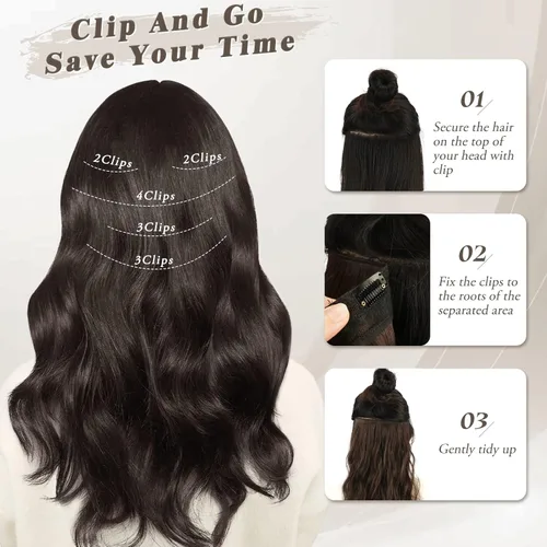 Miniatura 6 de BARSDAR Extensiones de cabello ondulado con clip, color marrón chocolate oscuro, extensiones de cabello con clip de 20 pulgadas para mujer, 5 piezas