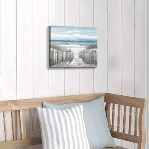 Miniatura 3 de Lienzo decorativo para pared, camino de playa: camino de arena con pintura de valla a la costa, impresiones artísticas para baño