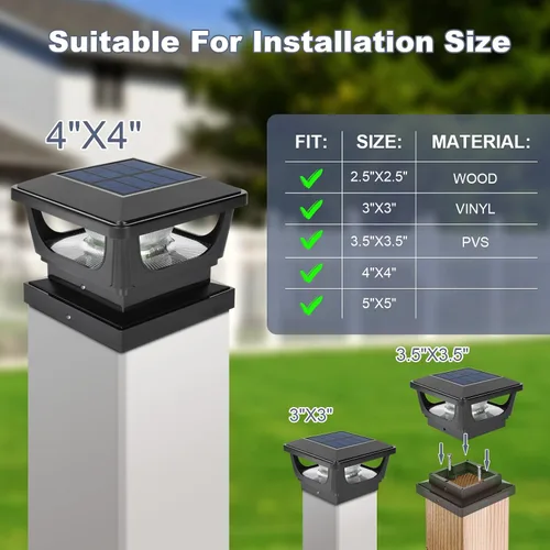 Miniatura 3 de FVTLED Paquete de 2 luces solares para tapa de poste, impermeables IP65 para exteriores, encendido/apagado automático, 120 lúmenes, 6500 K, blanco
