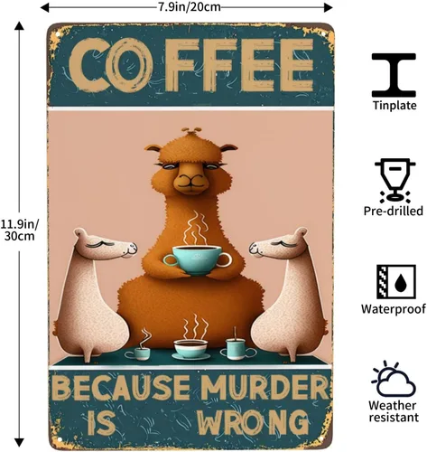 Miniatura 3 de Cartel de metal vintage con texto en inglés «Coffee Because Murder Is Wrong» con texto en inglés «Coffee Because Murder Is Wrong», «Cute Camel and