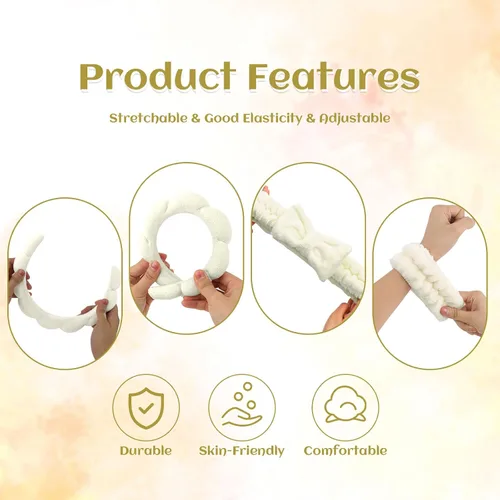 Miniatura 6 de 6 Piezas Diademas Esponjosas para Spa y Muñequeras, Beige, Diadema para Lavar la Cara y Cuidado de la Piel, Diadema Absorbente para Ducha, Yoga
