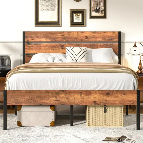 Miniatura 17 de VECELO Base de cama tamaño individual, plataforma de metal resistente con cabecera de madera, no necesita somier, color marrón antiguo
