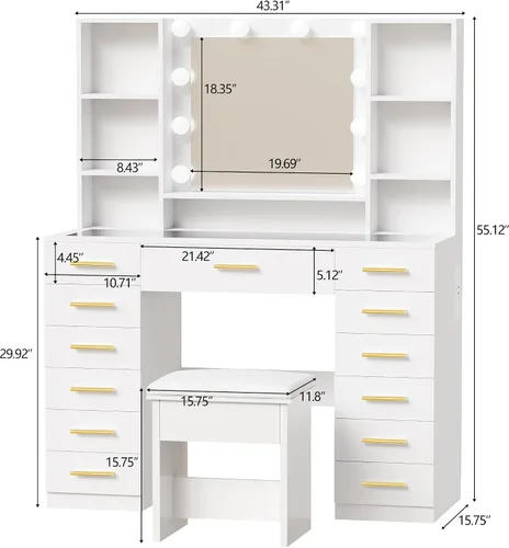 Miniatura 7 de ANWBROAD Escritorio de tocador con espejo y luces, juego de mesa de tocador de maquillaje blanco con parte superior de cristal, 13 cajones, 7