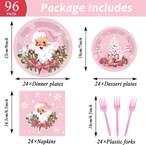 Miniatura 2 de Juego de vajilla rosa para fiesta de Navidad, 96 piezas, suministros de fiesta de copos de nieve de Papá Noel, platos desechables para árbol