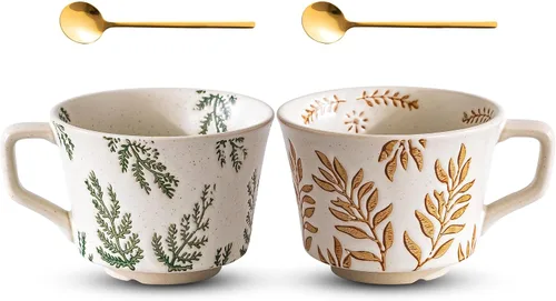 Miniatura 7 de Juego de 4 tazas de café con cuchara dorada, taza de cerámica pintada a mano de estilo antiguo de 11 onzas para hombres y mujeres, regalos únicos