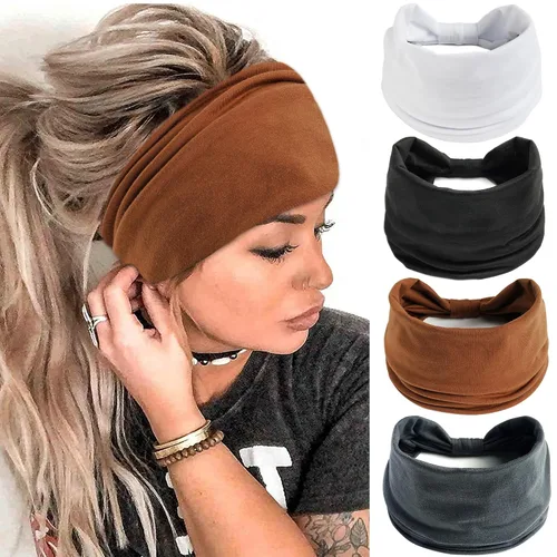 Miniatura 11 de FULZTEY Diademas bohemias para mujer, elegantes diademas con estampado floral, turbante de nudo ancho, elástico, para yoga, correr, entrenamiento