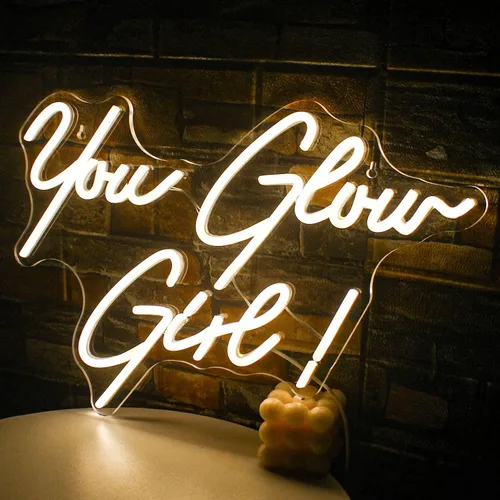 Miniatura 3 de Letrero de neón con texto en inglés "You Glow Girl" con luz LED blanca cálida para decoración de pared, letras USB, luces de neón para dormitorio