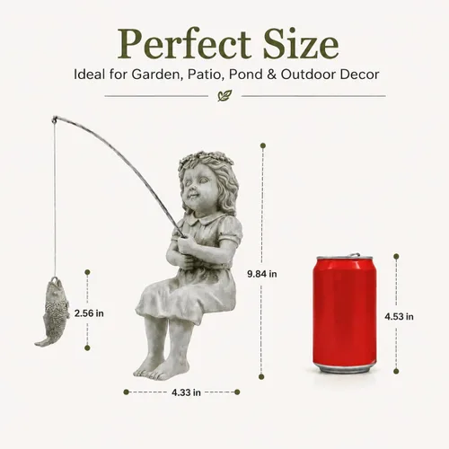 Miniatura 2 de Goodeco Estatua de jardín de Fishergirl – Pequeño pescador de 11 pulgadas para estanque Koi o cascadas, estatua junto a la piscina con guijarros que