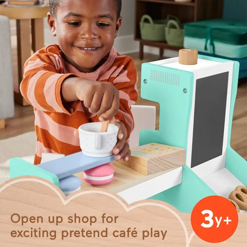 Miniatura 2 de Fisher-Price Wood Pretend Play Coffee Shop & Toy Register, juego de comida de madera de 20 piezas para niños preescolares a partir de 3 años