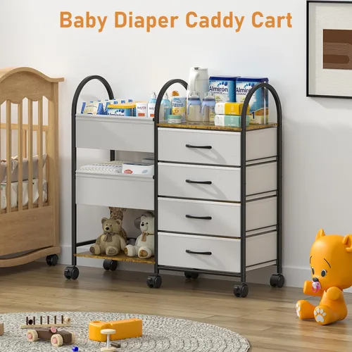 Miniatura 3 de Carrito organizador de pañales para bebés con ruedas, carrito de pañales rodante de 4 niveles con separadores y cajones, almacenamiento de guardería