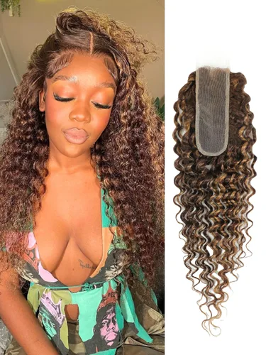 Miniatura 27 de P4/27 Cabello Humano Solitario de Onda Profunda con Reflejos Rubios Miel, 12A 100% Tejido Brasileño Virgen Ondulado Grueso con Mechas Ombre Marrón