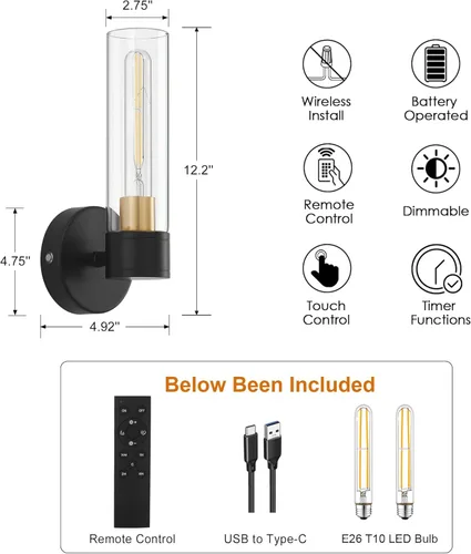 Miniatura 7 de Juego de 2 apliques de pared a pilas, luces de pared inalámbricas con control remoto, lámparas de pared regulables recargables para dormitorio