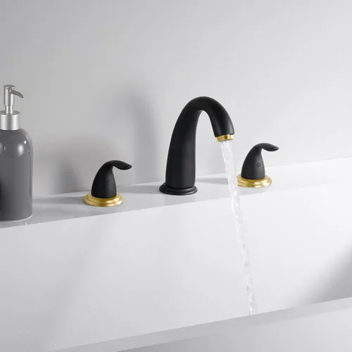 Miniatura 6 de SUMERAIN Grifo de bañera romana de dos manijas de amplio alcance con válvula, acabado en negro y dorado