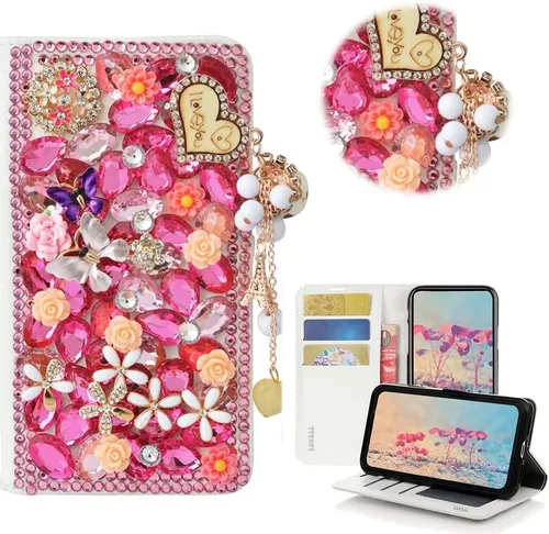Miniatura 8 de Bling - Funda tipo cartera para teléfono compatible con Samsung Galaxy S22 Ultra, elegante funda de cuero con diseño de flores de mariposa y rosas