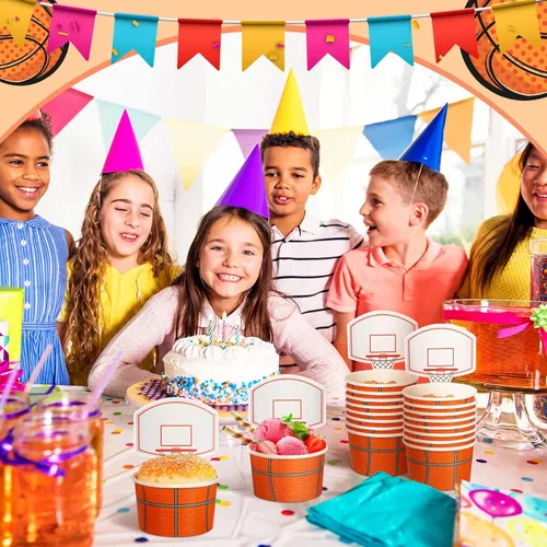 Miniatura 4 de Sunnyray 48 juegos de tazas de baloncesto con tarjetas de 8 onzas desechables de papel de baloncesto para fiestas, pelotas deportivas, cuencos