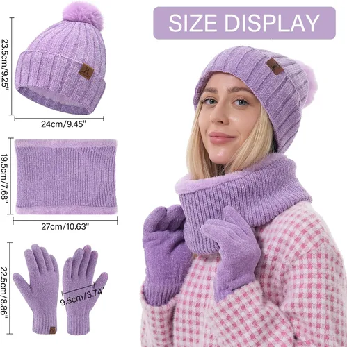 Miniatura 5 de Gorros de invierno para mujer, bufanda, calentador de cuello, guantes de pantalla táctil, con forro polar cálido, gorras de calavera de punto