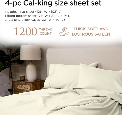 Miniatura 96 de Threadmill Sábanas de Lujo de Algodón Supima, Sábanas de 100% Algodón Suave de 1200 Hilos de Lujo para Cama de Tamaño Completo, Juego de 4 Sábanas