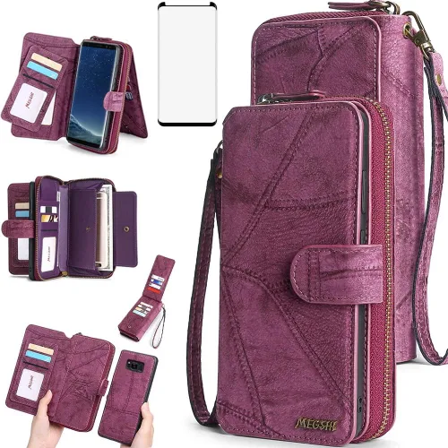 Asuwish Funda de teléfono para Samsung Galaxy S8 Plus con cremallera, funda desmontable con protector de pantalla y soporte para tarjeta de espejo