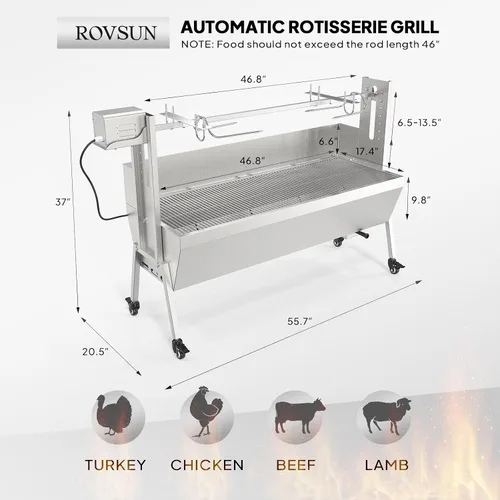 Miniatura 7 de Kit de parrilla con espetón ROVSUN de 46'' con capacidad de 176 libras, parrilla eléctrica con espetón para cerdo y cordero con soporte