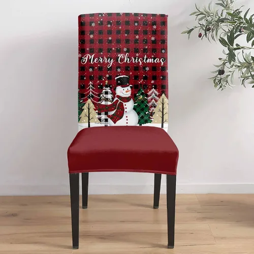 Miniatura 4 de Juego de 4 fundas navideñas para sillas de comedor, diseño de muñeco de nieve con árbol de Navidad, copos de nieve, cuadros rojos, extraíble